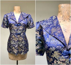 Vintage 1940s Chinese Pajama Top, 40s Loungewear, Blue Satin Damask Puffed Sleeve Boudoir Top