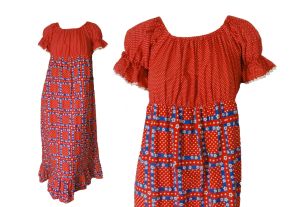 Boho Hippie Gypsy Peasant Vintage 70s Maxi Dress Polka Dots Red White Blue Daisy Print Cotton