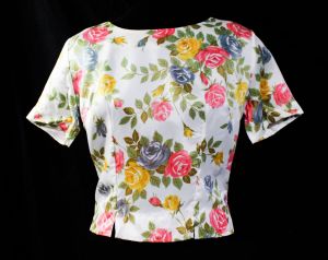 Size 12 1950s Roses Blouse - Short Sleeved 50s 60s Spring Summer Secretary Style Top - Pink Yellow