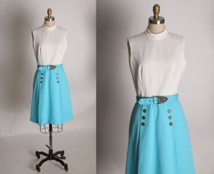 1960s Turquoise Blue and White Sleeveless Belted Polyester Dress - S