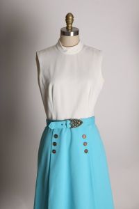 1960s Turquoise Blue and White Sleeveless Belted Polyester Dress - S - Fashionconstellate.com