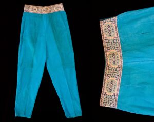 Size 2 Corduroy Capri Pant - 1960s Turquoise Blue Cotton Clam Diggers - XS 60s Tailored Cropped