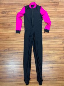 1990's Vintage Black Spandex Unitard with Neon Fuchsia Sleeves | Zip up Front | Stretchy | Stirrup