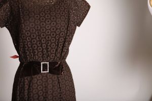1950s Chocolate Brown Eyelet Lace Short Sleeve Velvet Rhinestone Bow Wiggle Dress - XS - Fashionconstellate.com