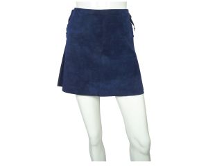 Vintage 60s Micro Mini Skirt Blue Suede Leather Lace Up Sz M