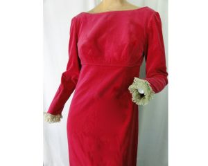 Vintage Mod 60s Maxi Winter Bridesmaid /Prom Dress Hot Pink Velvet Formal Lace Trim Long Sleeves - Fashionconstellate.com