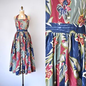 Clelie halter summer dress, plus size dress, 80s floral cotton dress, sundress