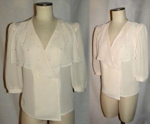 1980s Semi Sheer Ivory Blouse | Crepe Poly Wide Draped Collar Pearl Accents | Robyn's Nest | S