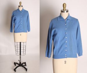 1950s Blue Angora 3/4 Length Sleeve Button Up Front Collared Cardigan Sweater by Jerry Mann