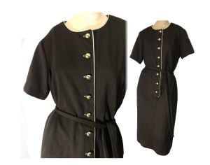 NOS Vintage Plus Size 60s-70s Dress Brown Polyester / Brass Buttons and Belt Deadstock | 2XL/3XL
