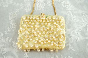 1960s beaded bag pearls sequins yellow satin evening bag by La Regale Made in Hong Kong - Fashionconstellate.com