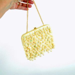 1960s beaded bag pearls sequins yellow satin evening bag by La Regale Made in Hong Kong