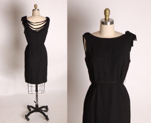1950s Black Sleeveless Draped Back Pencil Shape Formal Cocktail Wiggle Dress - XS