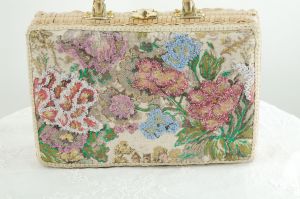 1960s wicker handbag with beaded floral tapestry fabric Made in Hong Kong