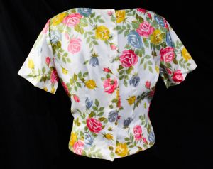 Size 12 1950s Roses Blouse - Short Sleeved 50s 60s Spring Summer Secretary Style Top - Pink Yellow - Fashionconstellate.com