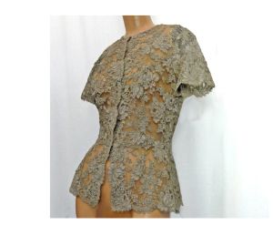 Vintage 1950s Blouse Mocha Taupe Sheer Beige Lace Party /Evening Blouse with Peplum