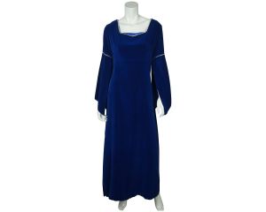 Vintage 70s Blue Velvet Bridesmaid Dress Split Bell Sleeve