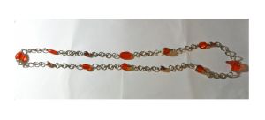 Vintage 60s Chunky Chain Necklace with Large Orange Beads Goldtone Metal