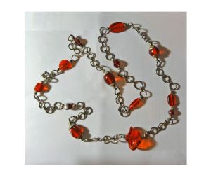 Vintage 60s Chunky Chain Necklace with Large Orange Beads Goldtone Metal - Fashionconstellate.com