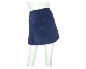 Vintage 60s Micro Mini Skirt Blue Suede Leather Lace Up Sz M - Fashionconstellate.com