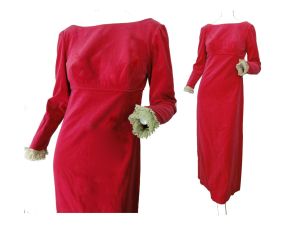 Vintage Mod 60s Maxi Winter Bridesmaid /Prom Dress Hot Pink Velvet Formal Lace Trim Long Sleeves