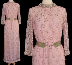 60s Pink Lace Evening Gown, Hand Beaded Metallic Silver and Pink Chantilly Lace Column Dress, Size S