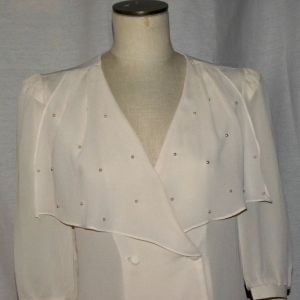 1980s Semi Sheer Ivory Blouse | Crepe Poly Wide Draped Collar Pearl Accents | Robyn's Nest | S - Fashionconstellate.com