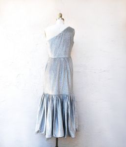 1970s Silver Metallic Size S Gown, One Shoulder, Mermaid Dress - Fashionconstellate.com