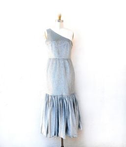 1970s Silver Metallic Size S Gown, One Shoulder, Mermaid Dress