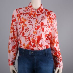 Vintage 1970s Pink Red Bold Floral Vine Nylon Button Up Blouse Shirt | L - Fashionconstellate.com