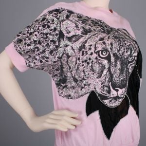 Vintage 1980s Great Directions Pink Leopard Glitter Sparkle Oversize Batwing Tee Shirt | OS - Fashionconstellate.com