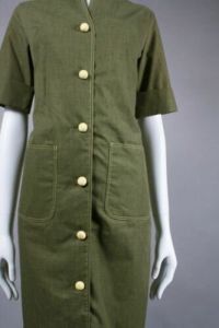 Vintage 1960s Kenny Olive Green Shift Dress Button Up Cotton Pockets Mod | S/M - Fashionconstellate.com