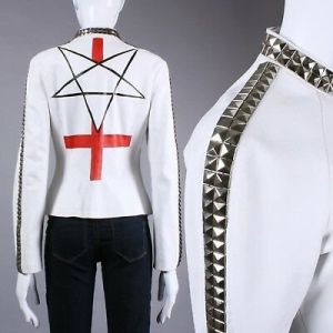 S/M Vintage 1990s Women's White Leather Studded Pentagram Metal Satanic Jacket