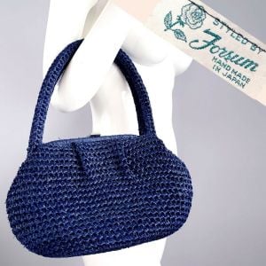 Vintage 1950s FORSUM Blue Straw Raffia Woven Frame Large Purse Handbag