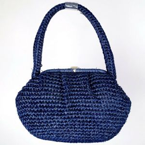 Vintage 1950s FORSUM Blue Straw Raffia Woven Frame Large Purse Handbag - Fashionconstellate.com