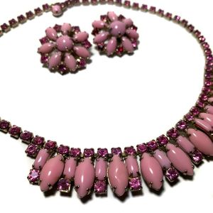 Vintage 1950s Pink Rhinestone Choker Necklace Clip Earrings Matching Set Rare - Fashionconstellate.com