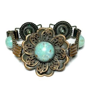Vintage Copper Turquoise Glass Cabochon Filigree Victorian Revival Bracelet 7'' - Fashionconstellate.com
