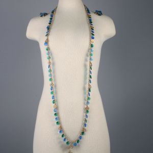 Vintage 60s Green Blue Gold Tone Long Rivoli Lucite Bohemian 29'' Necklace & Clip Earring Set - Fashionconstellate.com