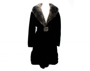 Size 10 Faux Fur Coat - Plush Black 1960s 70s Mod Overcoat - Medium Velvety Velour Outerwear - Fashionconstellate.com
