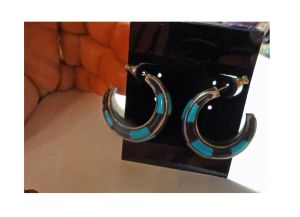 Vintage Turquoise and Onyx Sterling Inlay Earrings Circle Hoops Pierced Black and Blue - Fashionconstellate.com