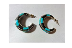 Vintage Turquoise and Onyx Sterling Inlay Earrings Circle Hoops Pierced Black and Blue