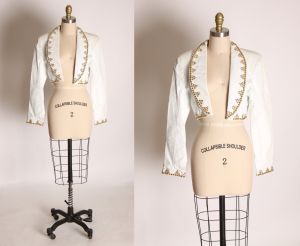 1980s White Leather Long Sleeve Gold Tone Rhinestone Bedazzled Crop Top Jacket by Dangerous Threads 