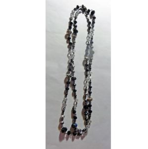 Elegant Vintage Long Necklace Faceted Glass Black and Clear Crystal Beads on Chain 48''