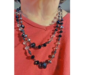 Elegant Vintage Long Necklace Faceted Glass Black and Clear Crystal Beads on Chain 48'' - Fashionconstellate.com
