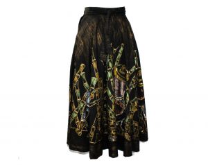 Size 6 Mexican Circle Skirt - Small 1950s Hand Painted Green Gold & Black Novelty Scene - Rockabilly