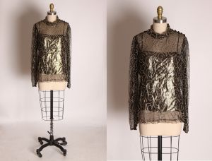 1980s Black & Gold Spaghetti Strap Metallic Top w/Sheer Black Fishnet Long Sleeve Blouse - Fashionconstellate.com