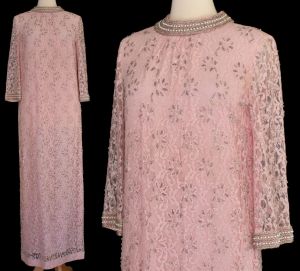60s Pink Lace Evening Gown, Hand Beaded Metallic Silver and Pink Chantilly Lace Column Dress, Size S - Fashionconstellate.com