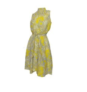 Mod Vintage 60s Dress Yellow Abstract Op Art Floral Print with Belt by Ricco California - Fashionconstellate.com
