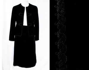 Size 10 Black Velvet Suit - Beautiful 1980s Evening Formal Jacket & Skirt Toy Solder Style Military