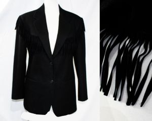 Size 10 1990s Black Blazer with Faux Suede Fringe - 80s 90s Boy George Chic Medium Wool Suit Jacket